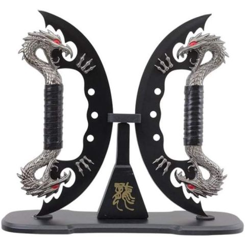 Dual Fantasy Dragon Crescent Knives with Display Stand | 11" Stainless Steel Blades