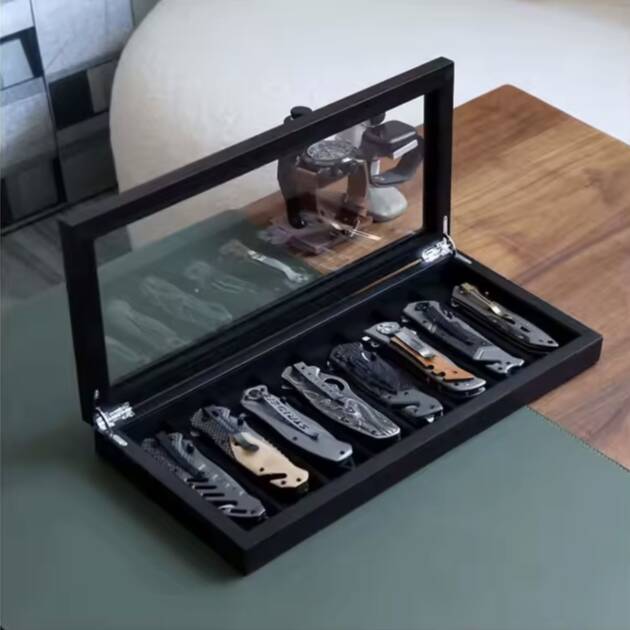 Knife Display Case 8-Slot | Wooden Folding Knife Storage Box with Glass Top | Collector Organizer