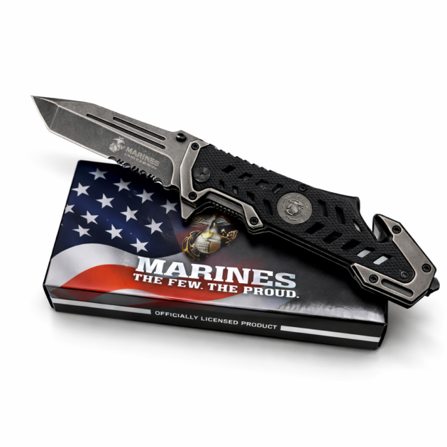 USMC Folding Utility Knife | Durable 4″ Half-Serrated Blade | Black or Desert Tan Finish